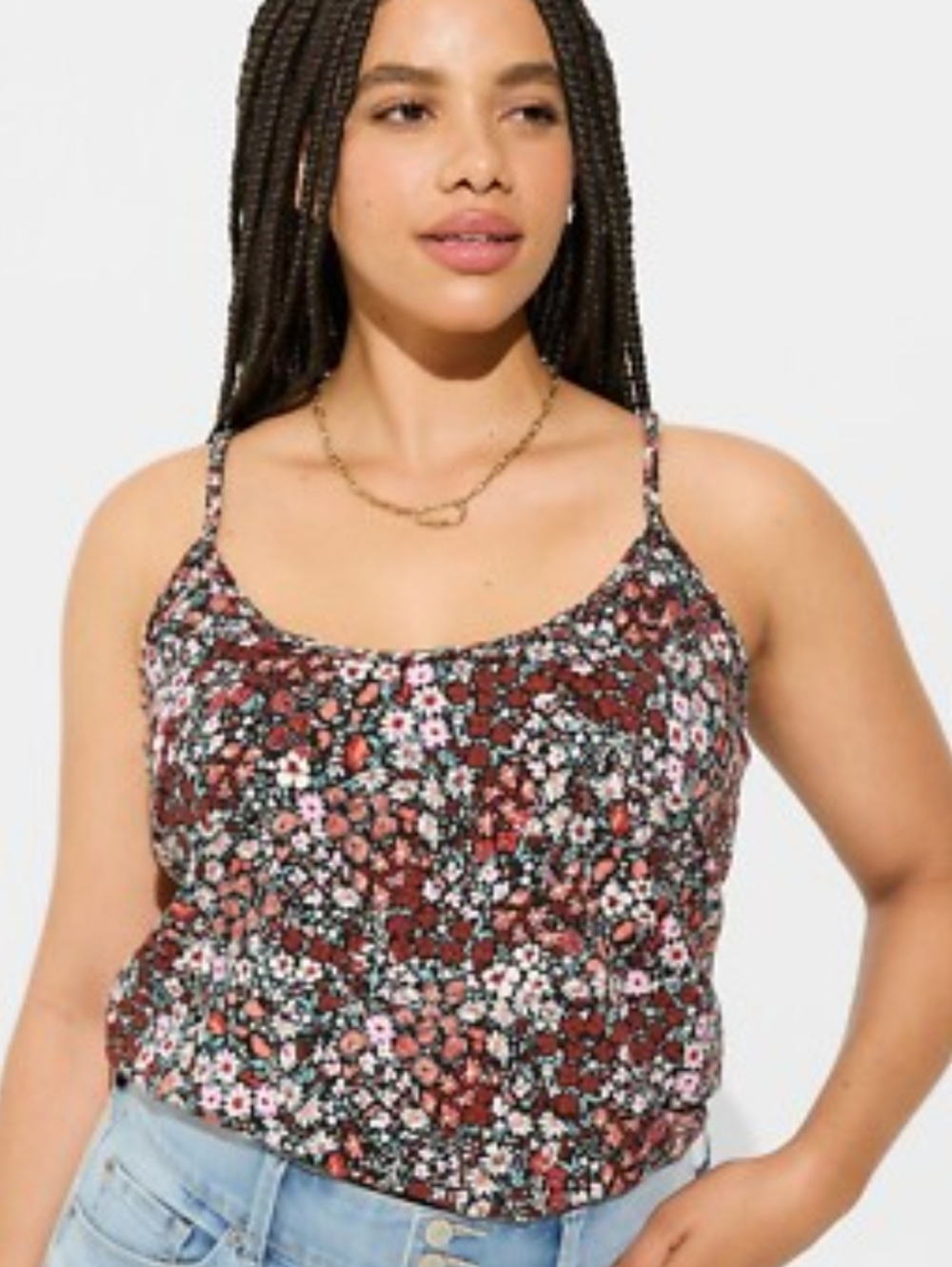 torrid Floral Spaghetti-Strap Tank in Burgundy with Pink & White Flowers